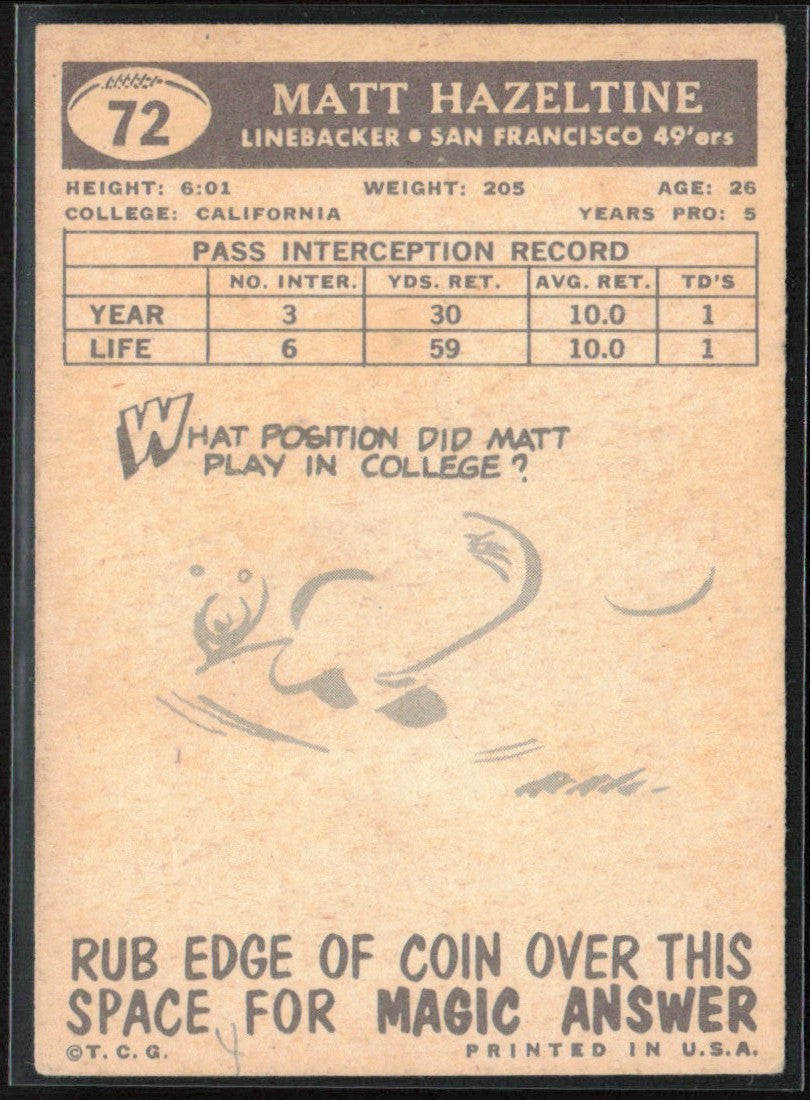 Matt Hazeltine 1959 Topps #72 San Francisco 49ers
