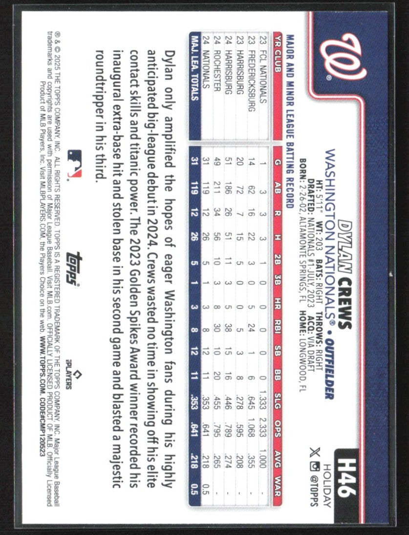 Dylan Crews 2025 Topps Holiday Santa Hat SP RC #H46 Washington Nationals