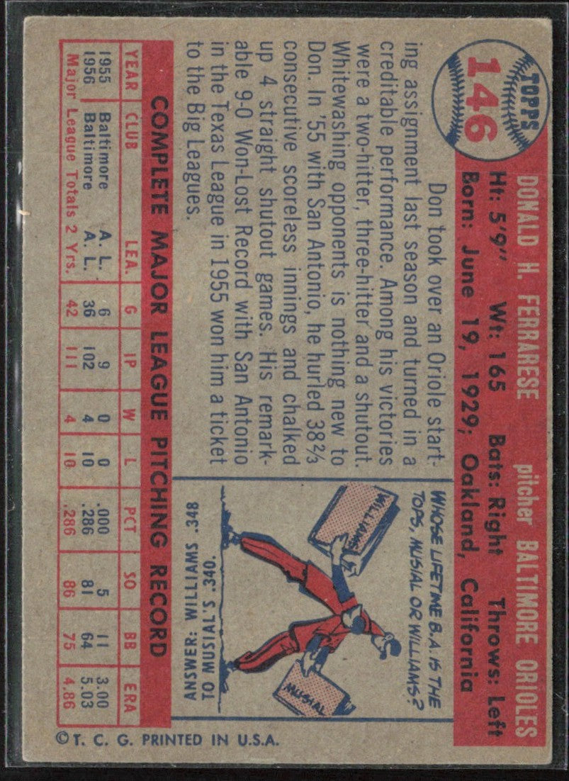 Don Ferrarese 1957 Topps #146 Baltimore Orioles