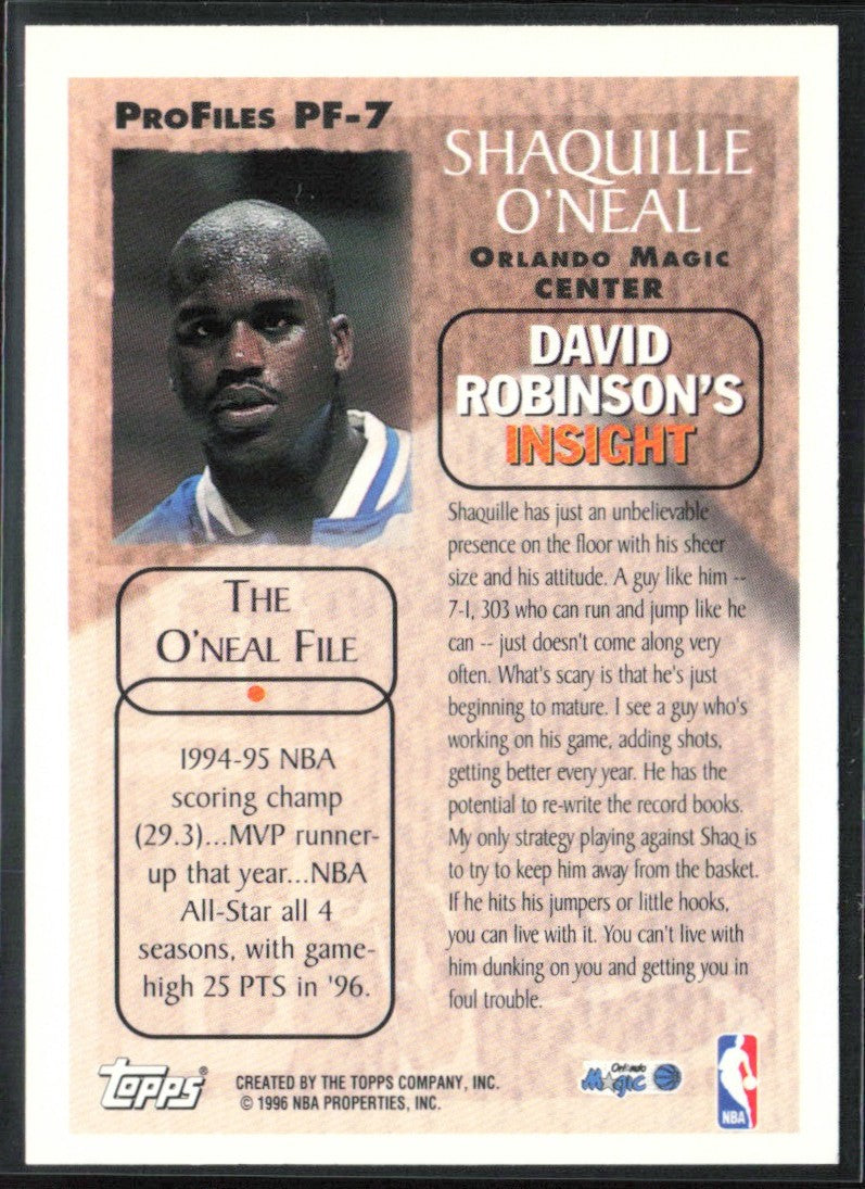 Shaquille O'Neal 1996 Topps Pro Files #PF-7 Orlando Magic