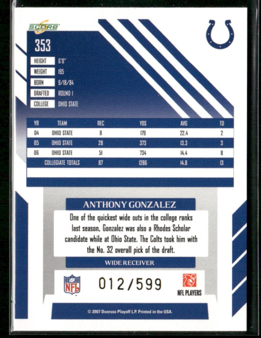 Anthony Gonzalez 2007 Score Select RC /599 #353 Indianapolis Colts