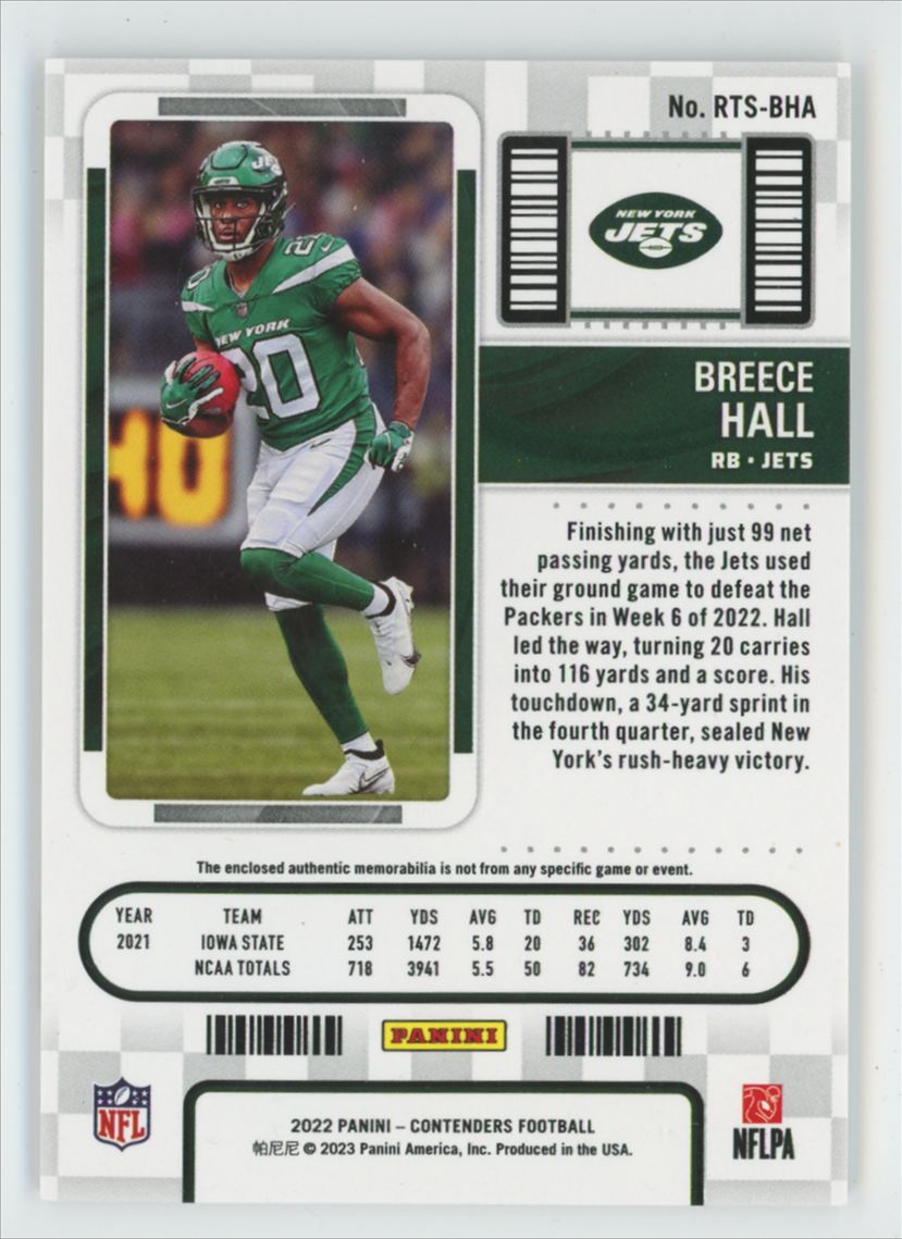 Breece Hall 2022 Panini Contenders Rookie Ticket RC Jersey #RTS-BHA
