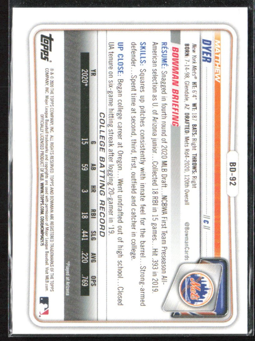 Matthew Dyer 2020 Bowman Draft 1st Gold /50 #BD-92 New York Mets