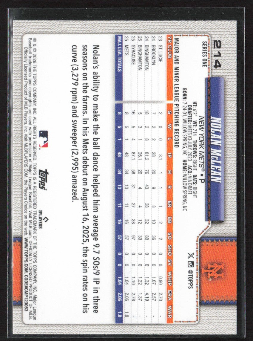 Nolan McLean 2026 Topps RC #214 New York Mets
