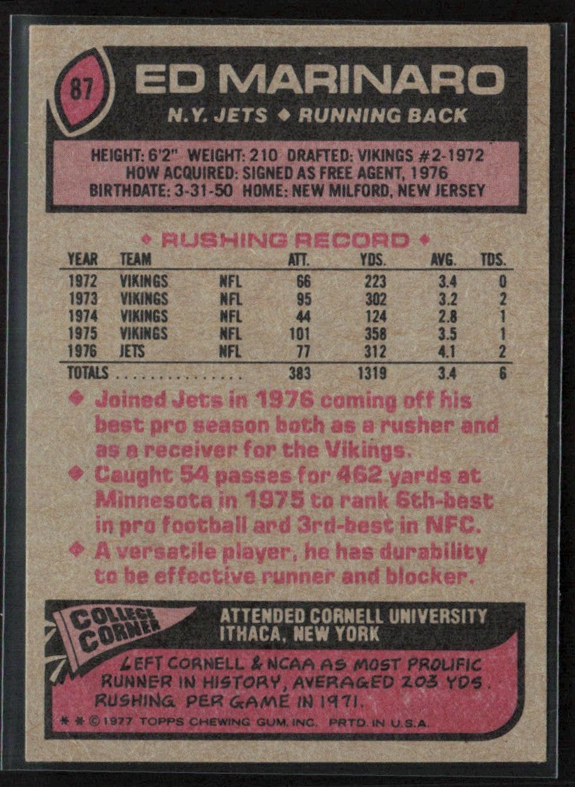 Ed Marinaro 1977 Topps #87 New York Jets