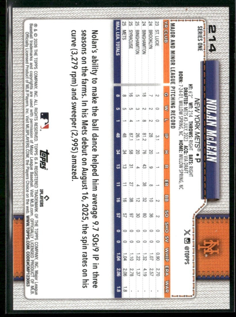 Nolan McLean 2026 Topps RC #214 New York Mets