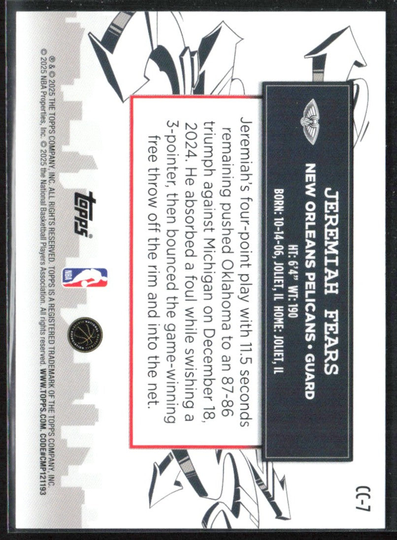 Jeremiah Fears 2025 Topps Clutch City Prospects RC #CC-7 New Orleans Pelicans