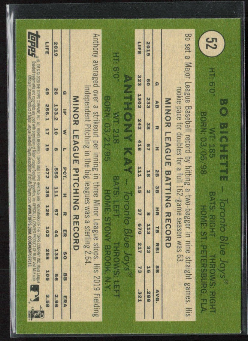 Bo Bichette/Anthony Kay 2020 Topps Heritage Rookie Stars RC #52