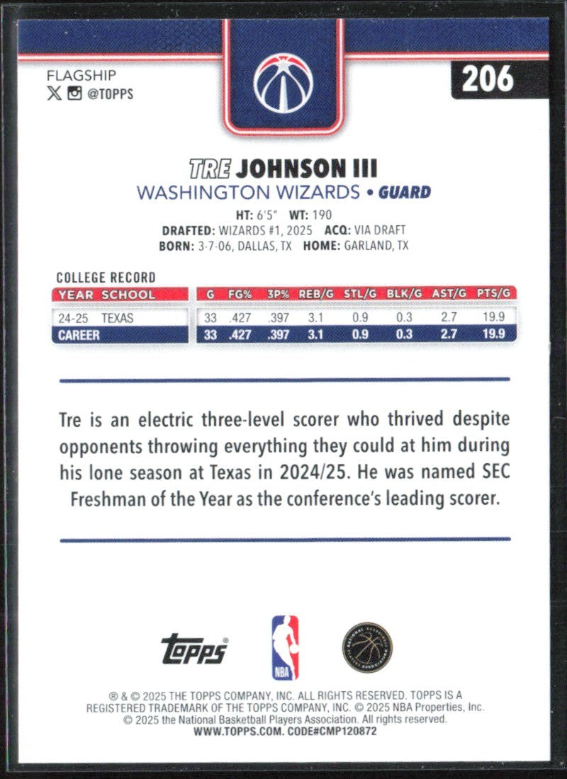 Tre Johnson III 2025 Topps RC #206 Washington Wizards