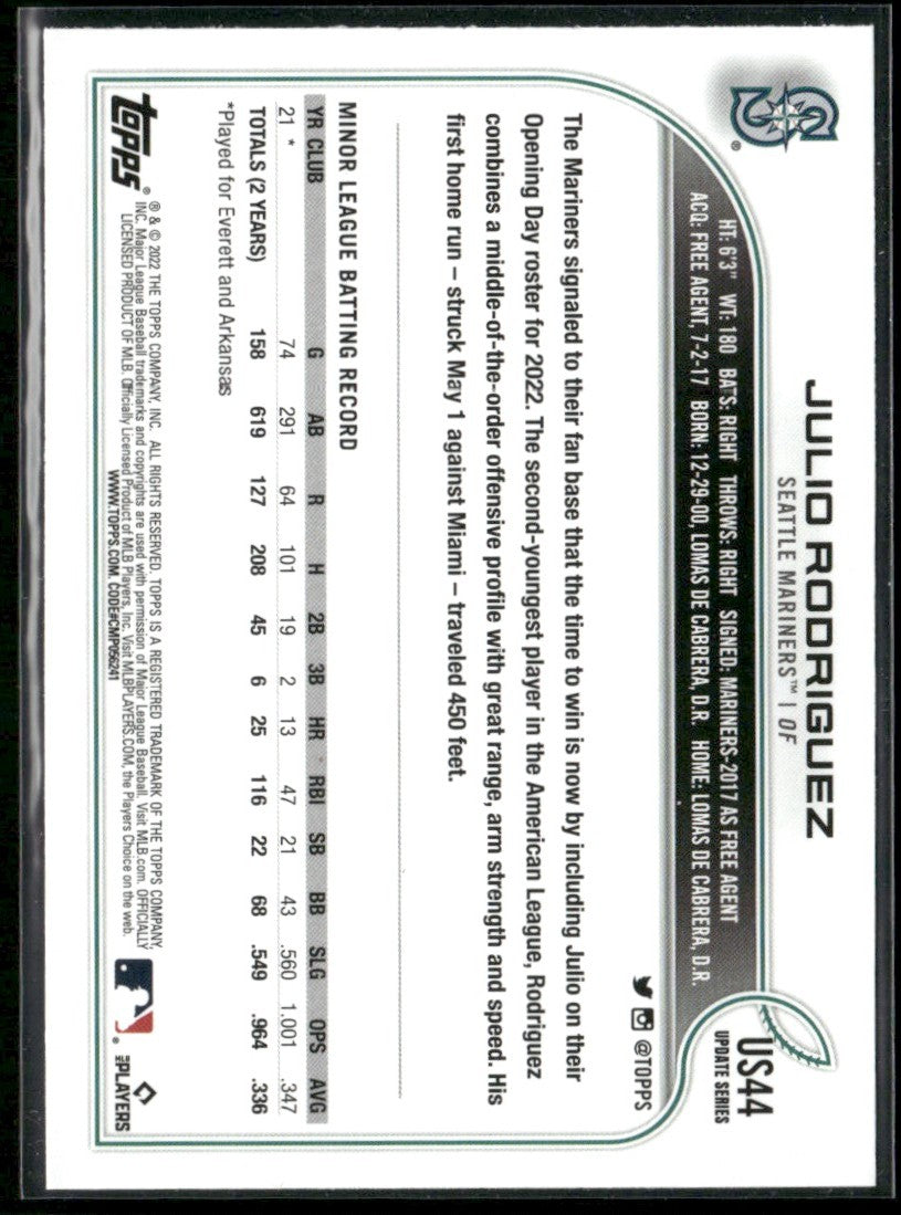 Julio Rodriguez 2022 Topps Update RC #US44 Seattle Mariners