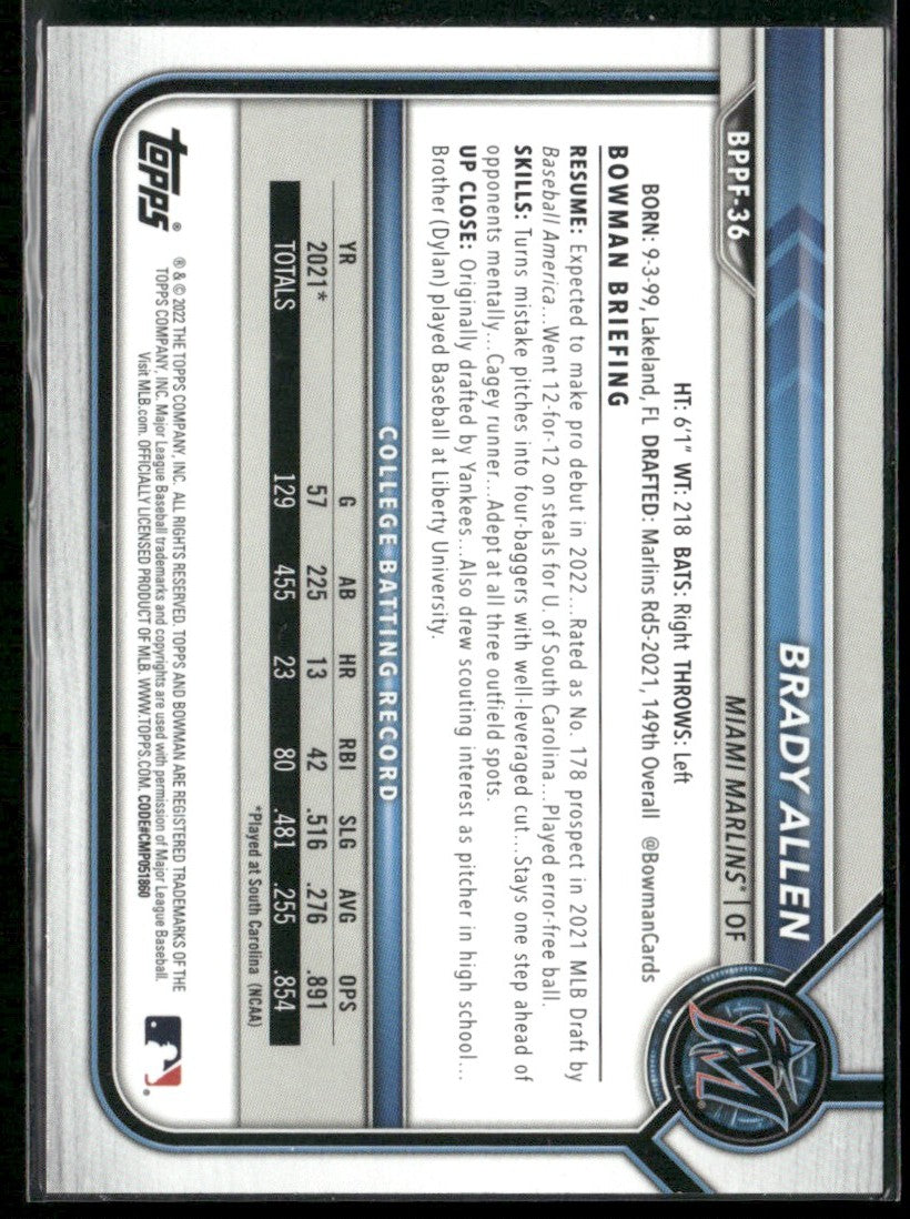 Brady Allen 2022 Bowman 1st Edition Blue Foil /150 #BPPF-36 Miami Marlins