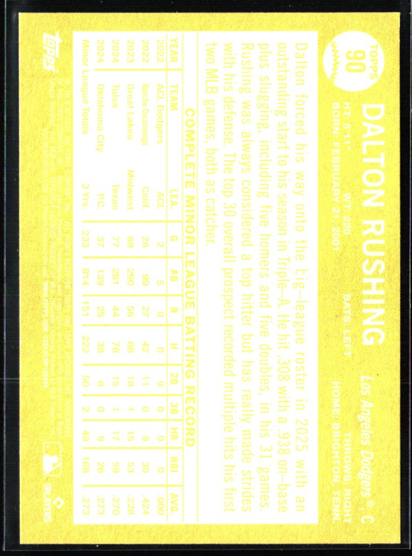 Dalton Rushing 2025 Topps Archives 1964 Design RC #90 Los Angeles Dodgers