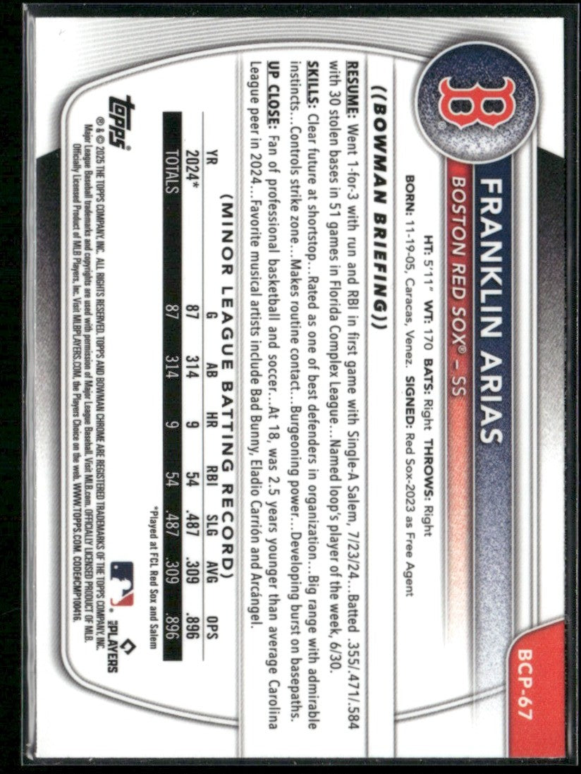 Franklin Arias 2025 Bowman Chrome 1st #BCP-67 Boston Red Sox