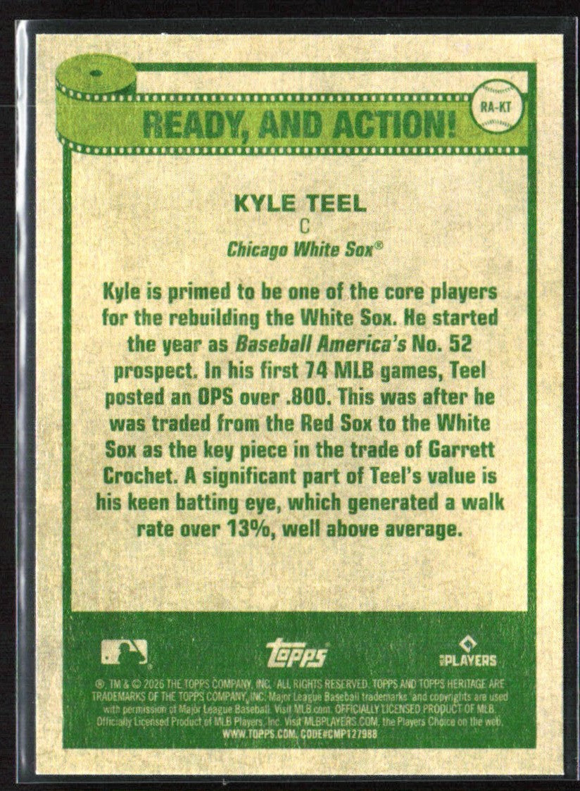 Kyle Teel 2026 Topps Heritage Ready and Action RC #RA-KT Chicago White Sox