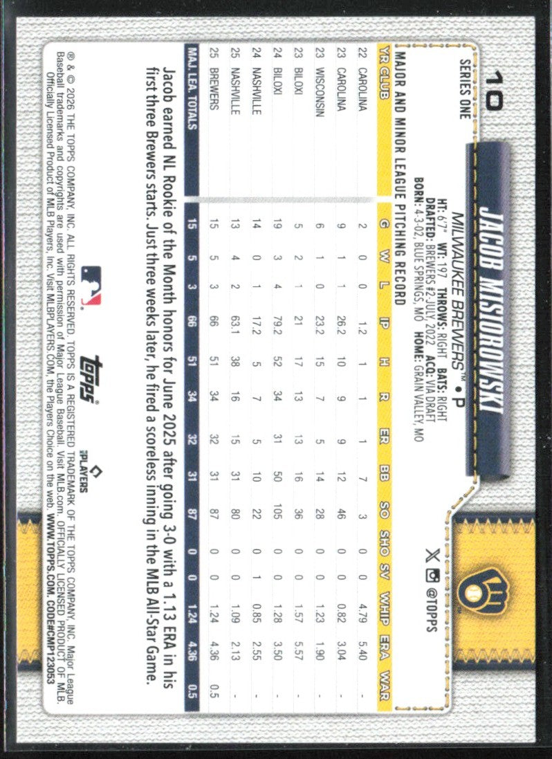 Jacob Misiorowski 2026 Topps RC #10 Milwaukee Brewers