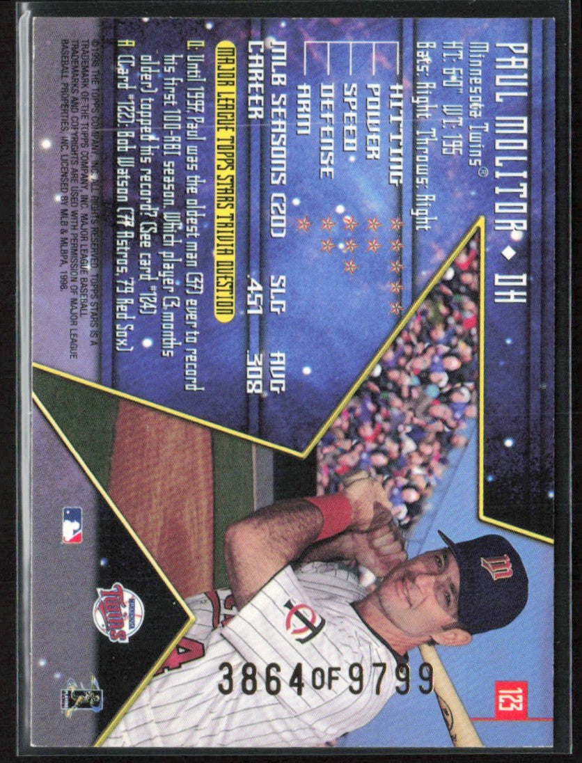 Paul Molitor 1998 Topps Stars /9799 #123 Minnesota Twins