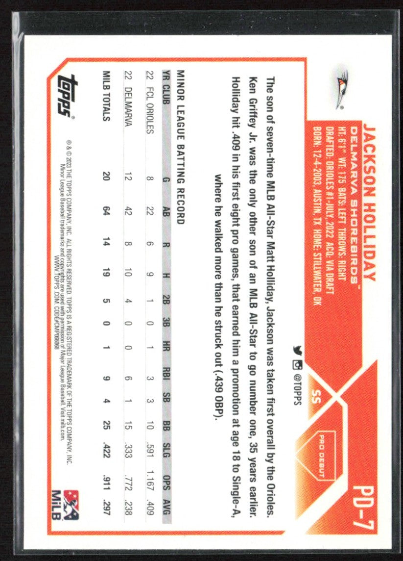 Jackson Holliday 2023 Topps Pro Debut #PD-7 Delmarva Shorebirds