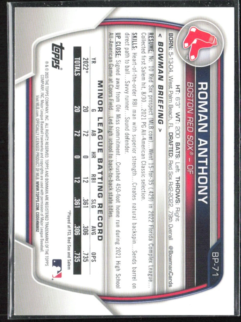 Roman Anthony 2023 Bowman 1st #BP-71 Boston Red Sox