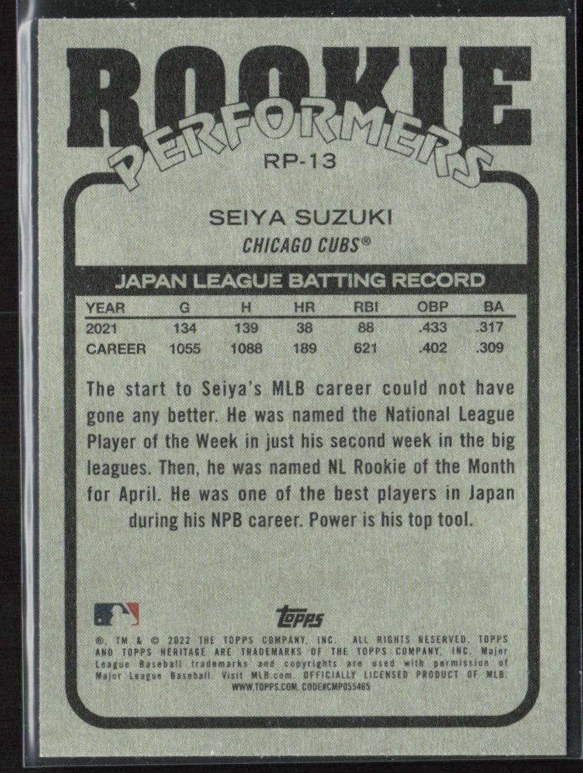 Seiya Suzuki 2022 Topps Heritage Rookie Performers RC Chicago Cubs