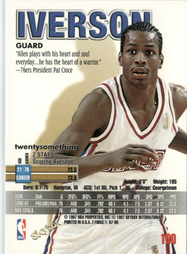 Allen Iverson 1997 SkyBox Z Force #100 Philadelphia 76ers