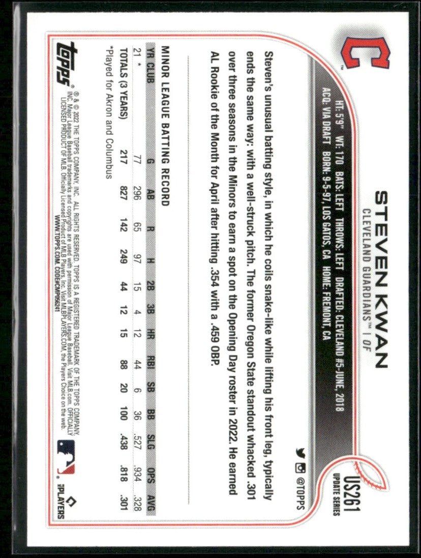 Steven Kwan 2022 Topps Update RC #US261 Cleveland Guardians