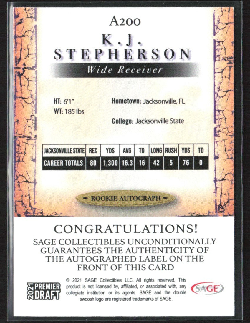K.J. Stepherson 2021 SAGE Premier Draft RC AUTO #A200