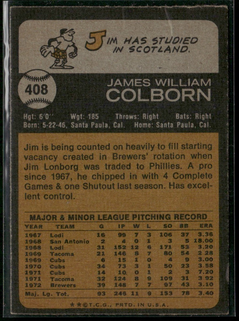 Jim Colborn 1973 Topps #408 Milwaukee Brewers