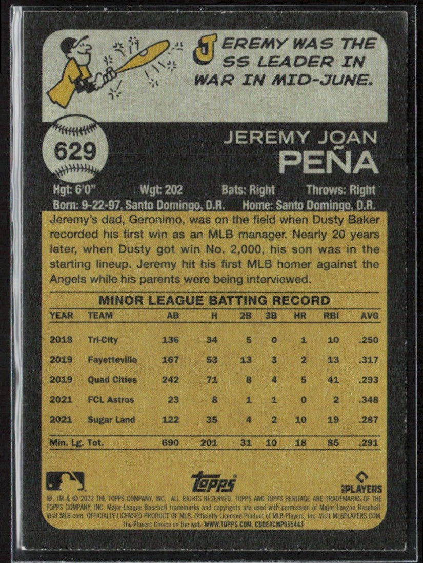 Jeremy Pena 2022 Topps Heritage RC #629 Houston Astros