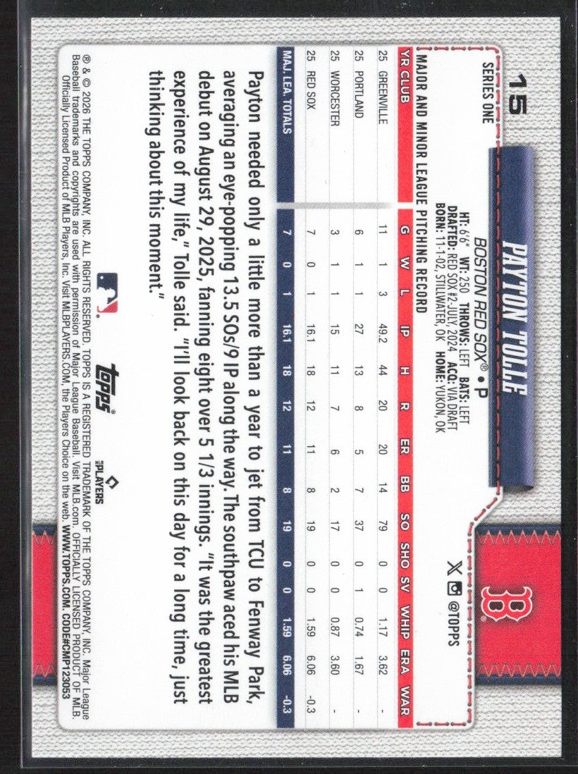 Payton Tolle 2026 Topps RC #15 Boston Red Sox