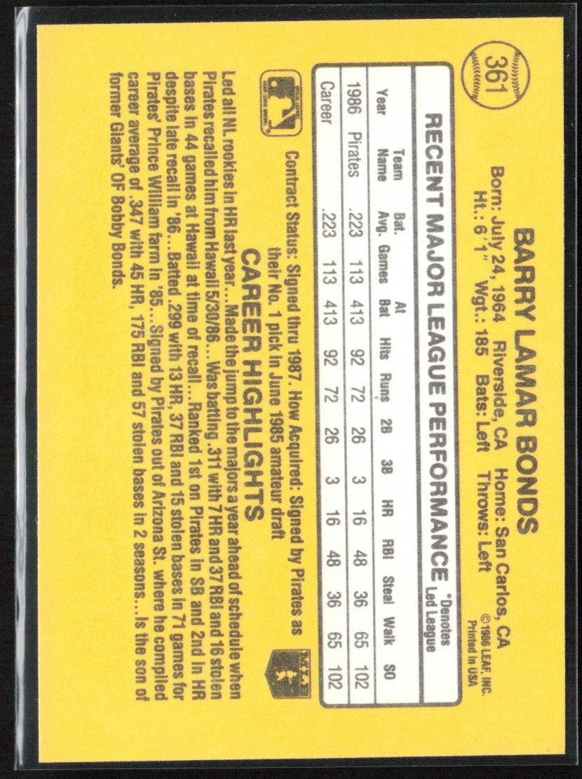 Barry Bonds 1987 Donruss RC #361 Pittsburgh Pirates