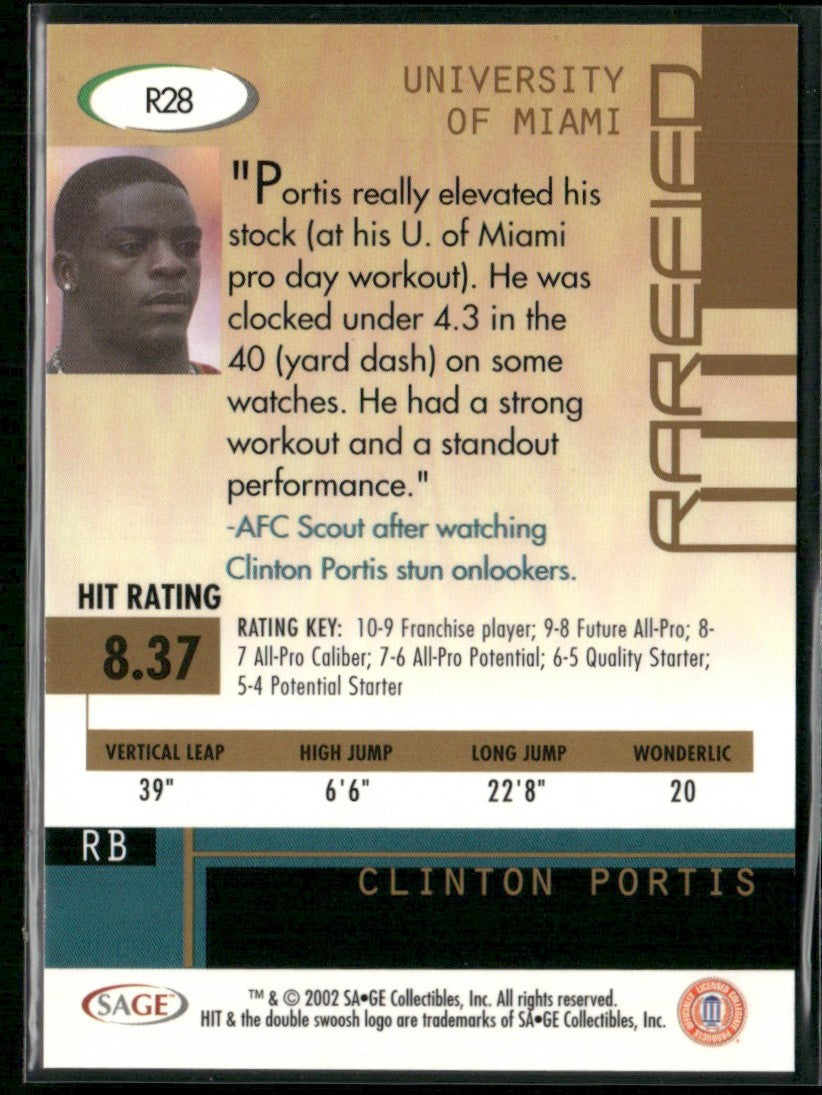 Clinton Portis 2002 SAGE HIT Rarefied Emerald #R28 Miami Hurricanes
