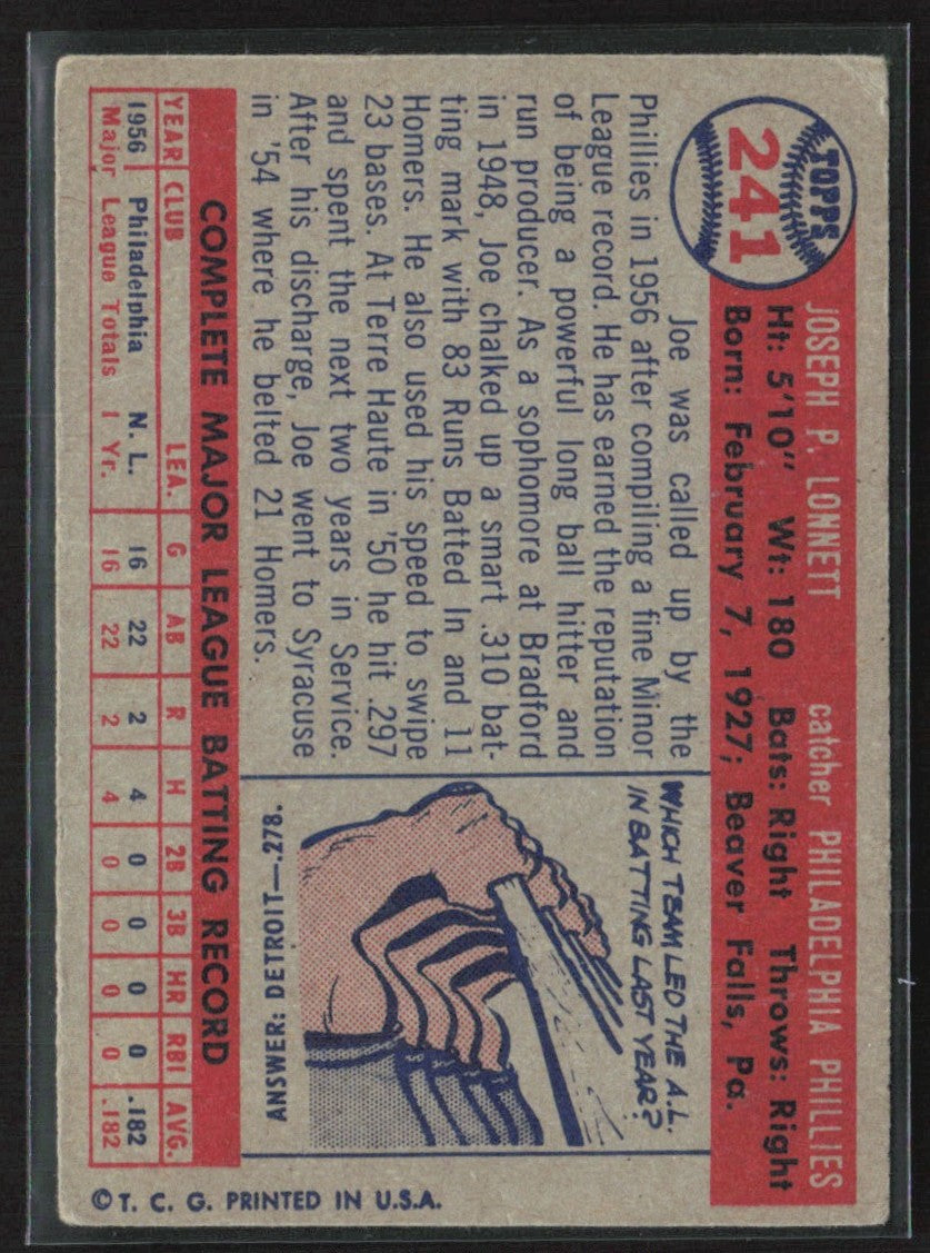 Joe Lonnett 1957 Topps RC #241 Philadelphia Phillies