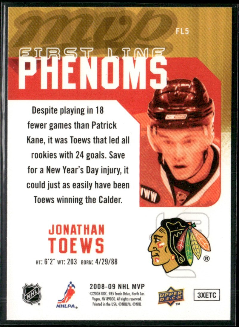 Jonathan Toews 2008 Upper Deck MVP First Line Phenoms #FL5 Chicago Blackhawks