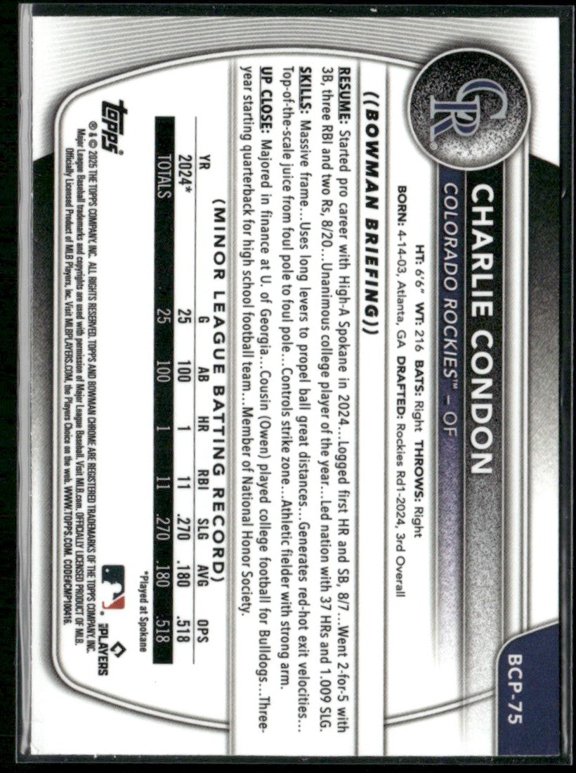 Charlie Condon 2025 Bowman Chrome 1st #BCP-75 Colorado Rockies