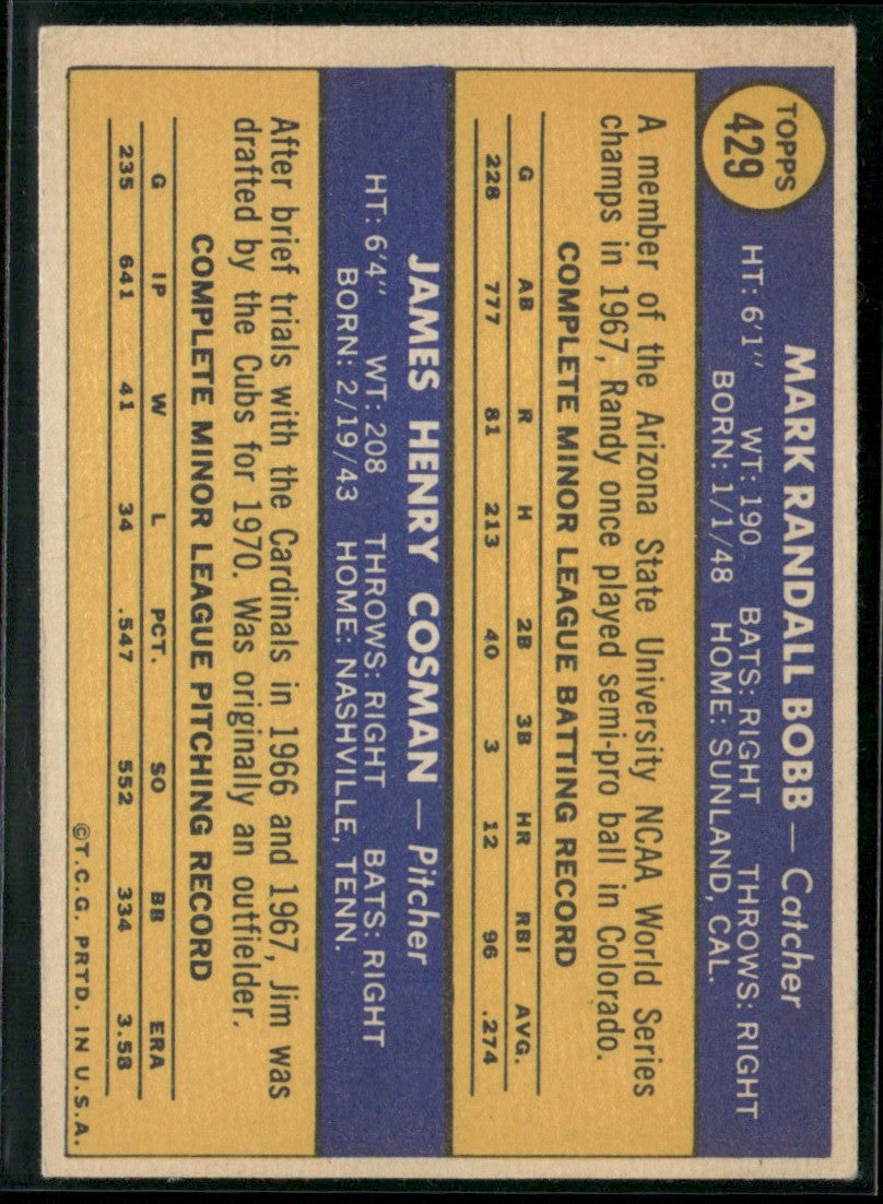 Cubs 1970 Rookie Stars - Randy Bobb/Jim Cosman 1970 Topps RC #429 Chicago Cubs