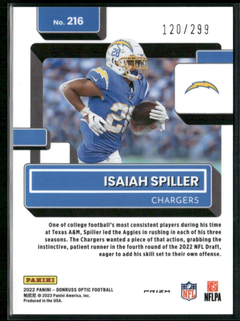 Isaiah Spiller 2022 Donruss Optic Aqua /299 #216 Los Angeles Chargers