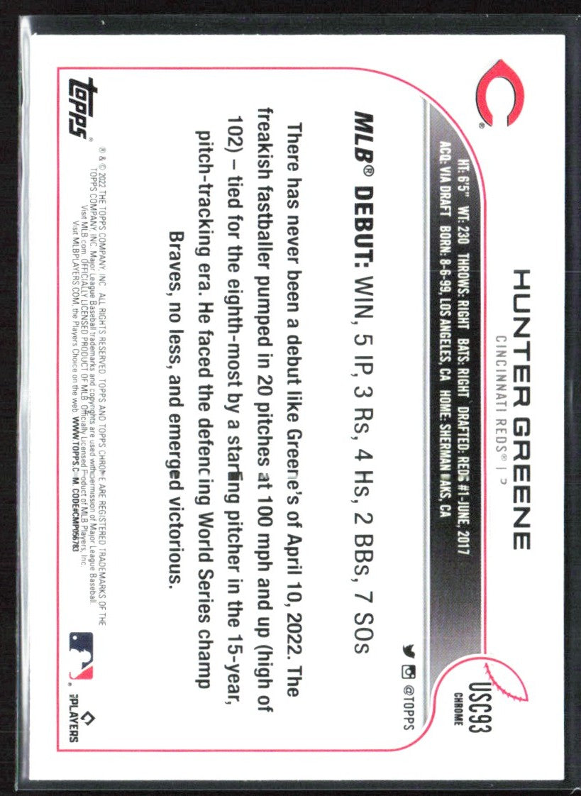 Hunter Greene 2022 Topps Chrome Purple Refractor RC #USC93 Cincinnati Reds