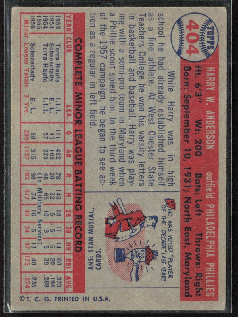 Harry Anderson 1957 Topps RC #404 Philadelphia Phillies