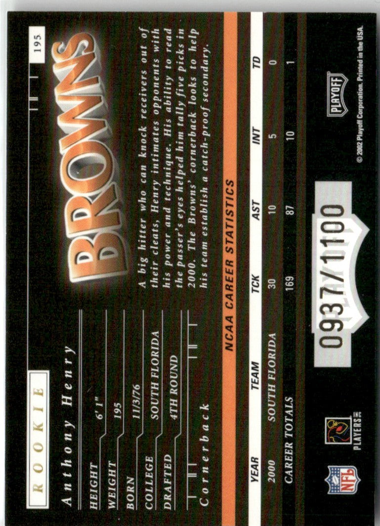 Anthony Henry 2002 Playoff Preferred RC /1100 #195 Cleveland Browns