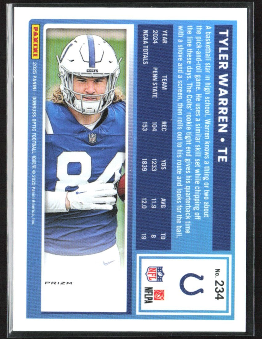 Tyler Warren 2025 Donruss Optic Purple Shock RC #234 Indianapolis Colts