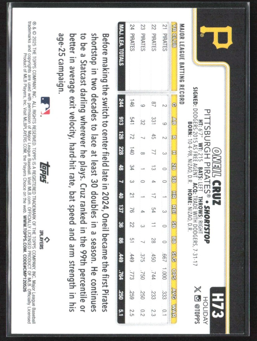 Oneil Cruz 2025 Topps Holiday Blue Holiday Lights #H73 Pittsburgh Pirates