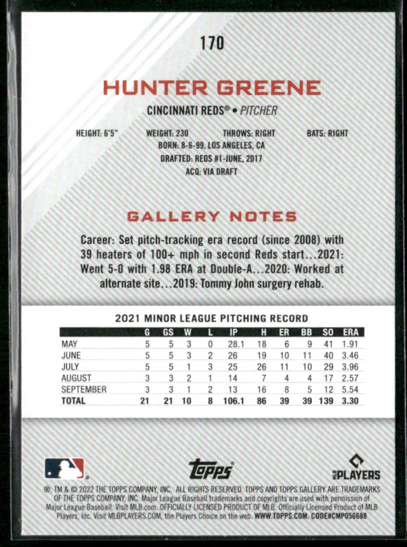 Hunter Greene 2022 Topps Gallery RC #170 Cincinnati Reds