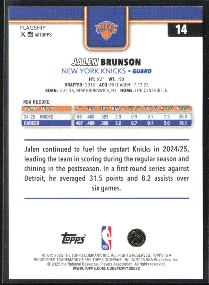 Jalen Brunson 2025 Topps Rainbow Foilboard #14 New York Knicks