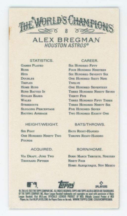 Alex Bregman 2022 Topps Allen & Ginter Mini Black #8 Houston Astros