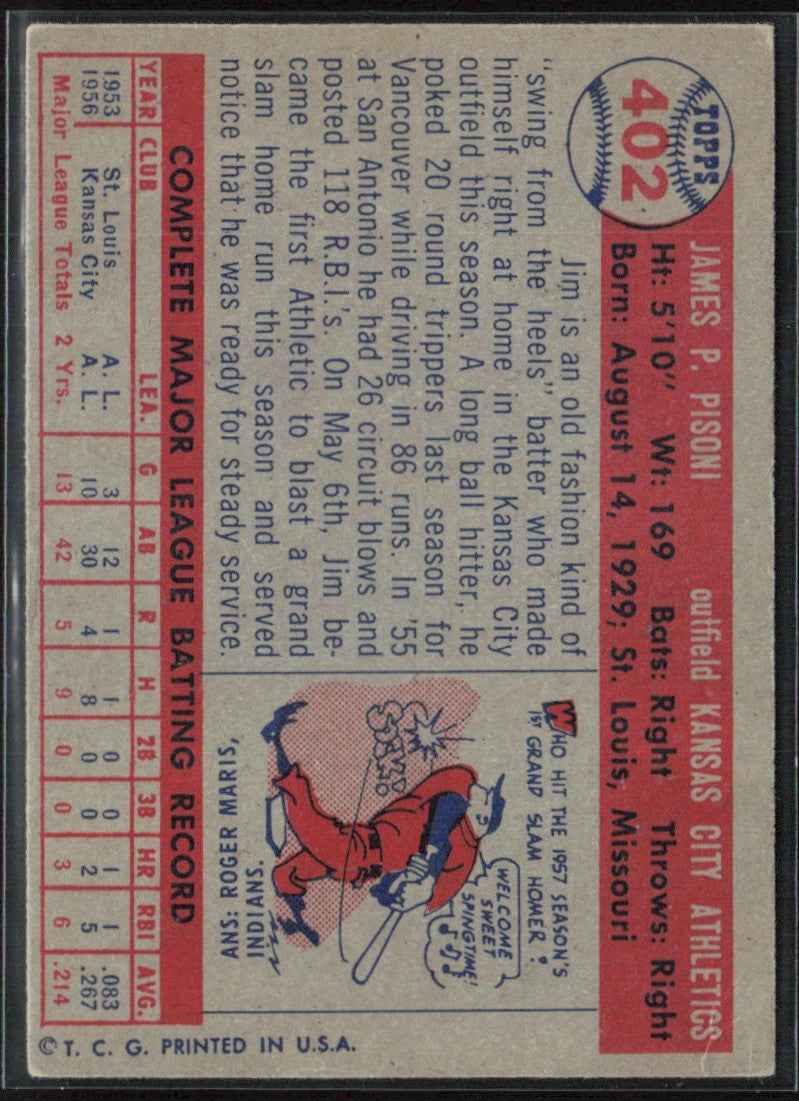 Jim Pisoni 1957 Topps RC #402 Kansas City Athletics