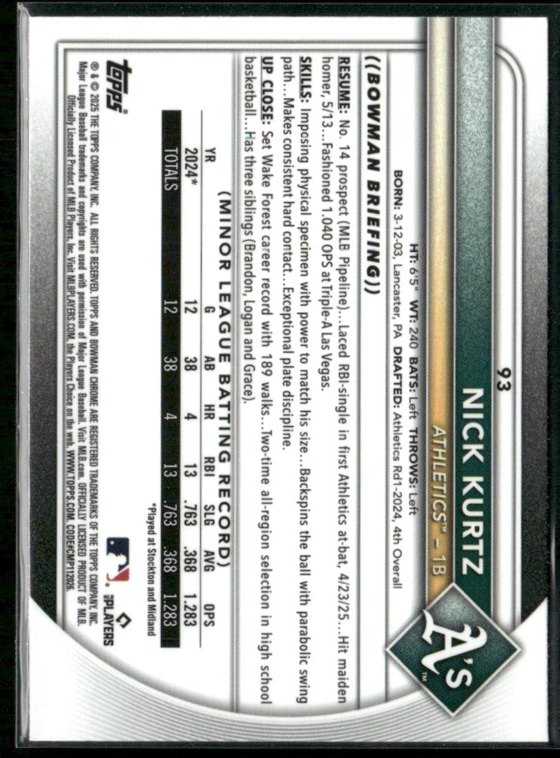 Nick Kurtz 2025 Bowman Chrome RC #93 Athletics