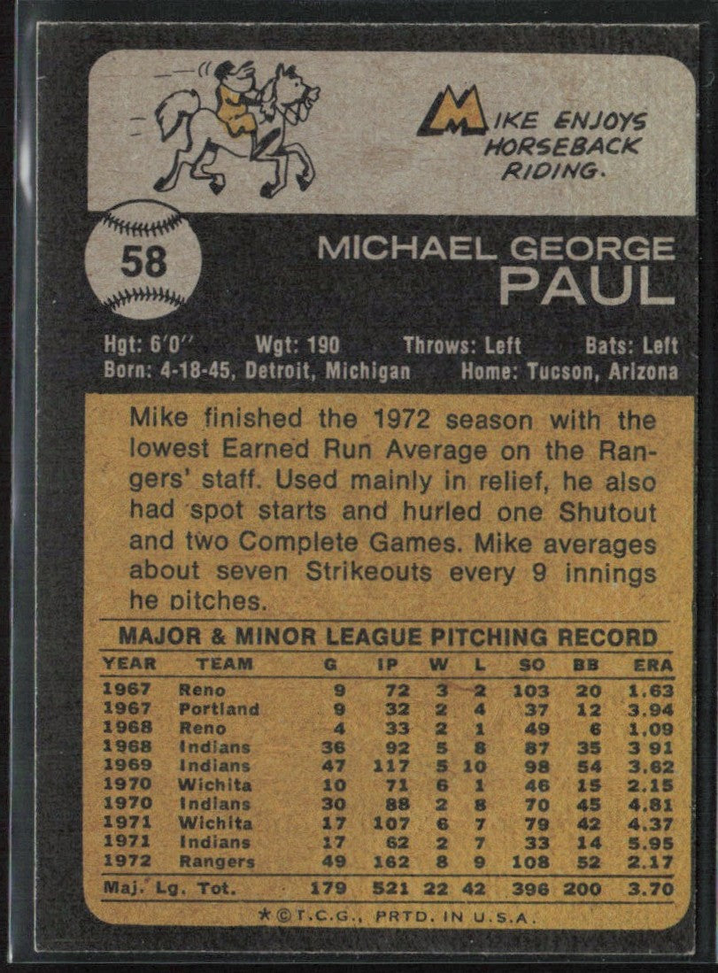 Mike Paul 1973 Topps #58 Texas Rangers