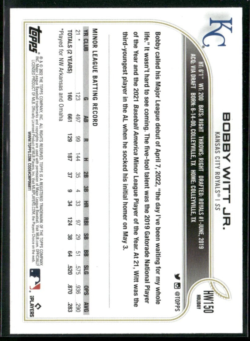 Bobby Witt Jr. 2022 Topps Holiday RC #HW150 Kansas City Royals