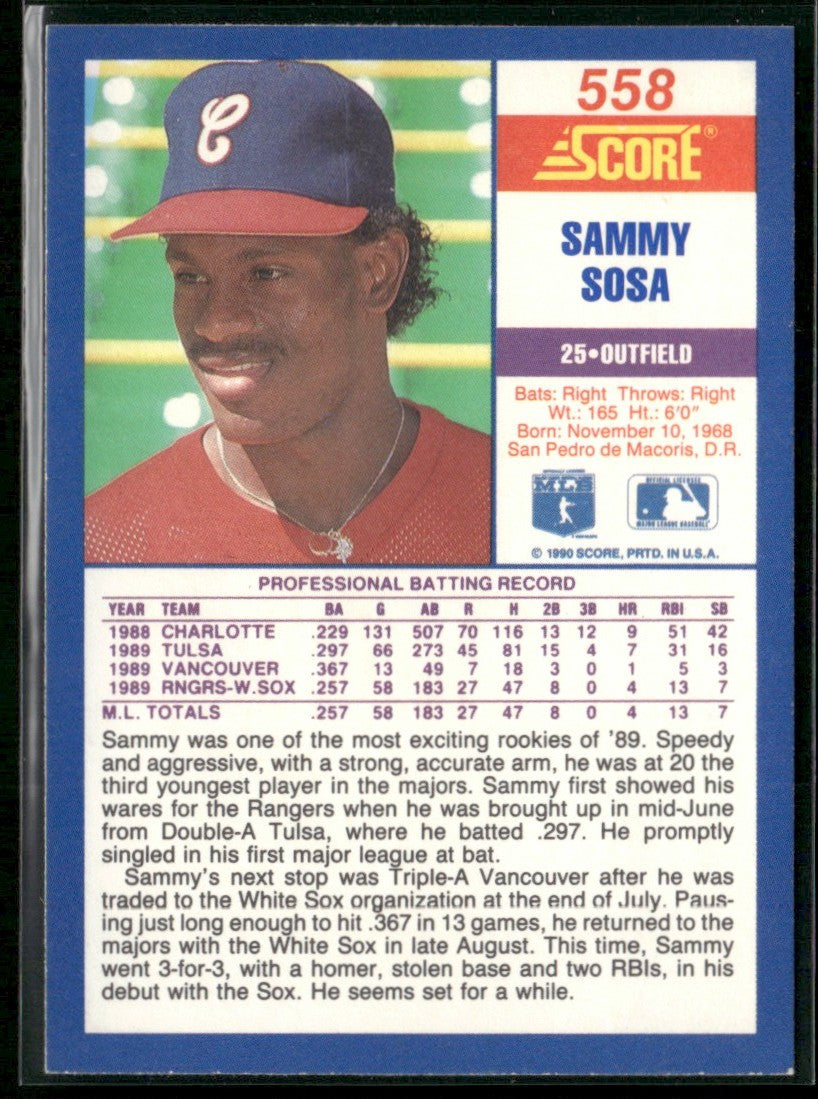 Sammy Sosa 1990 Score RC #558 Chicago White Sox