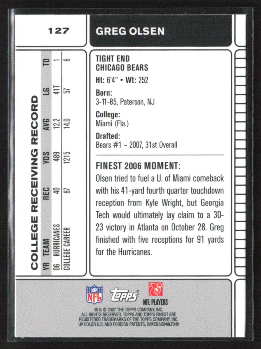 Greg Olsen 2007 Topps Finest RC #127 Chicago Bears
